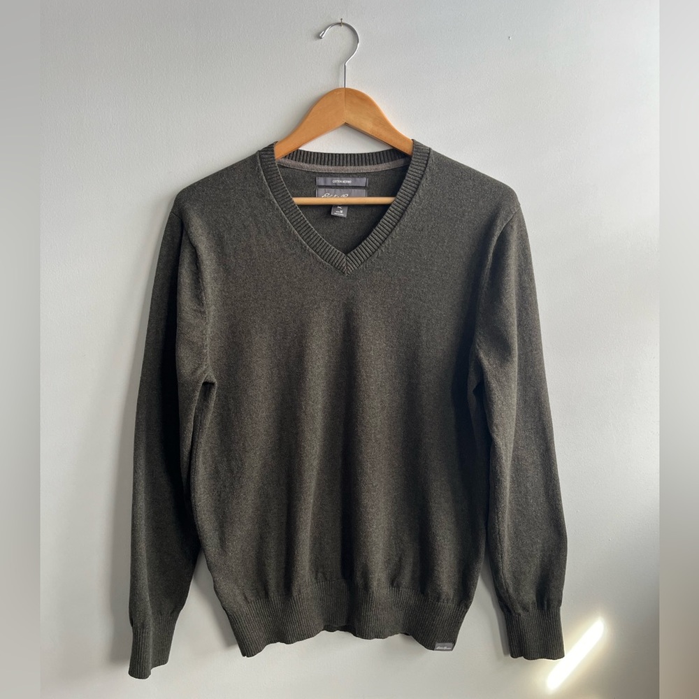 Eddie Bauer Olive Green V Neck Sweater Merino Size M